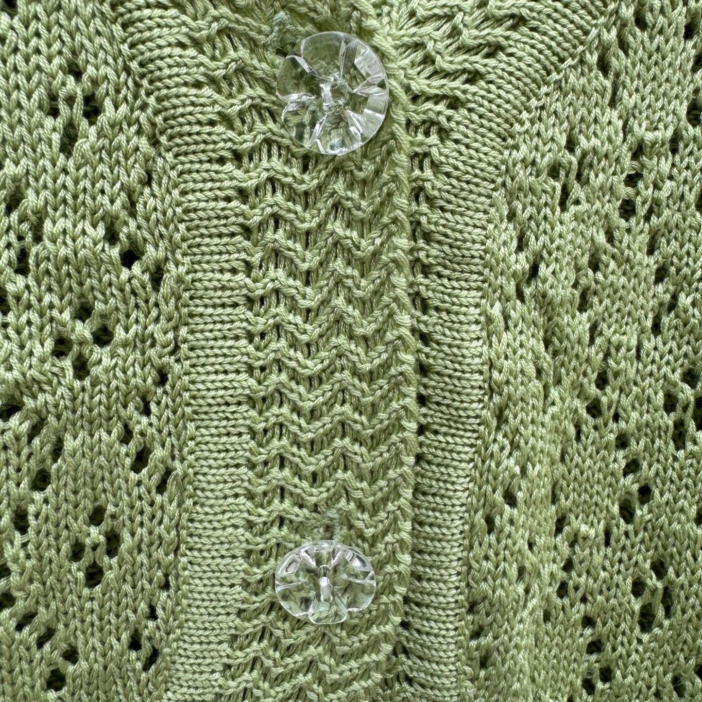 Vintage Sage Green Pointelle Open Knit Cardigan V-Neck Button Shrug Cottage Boho