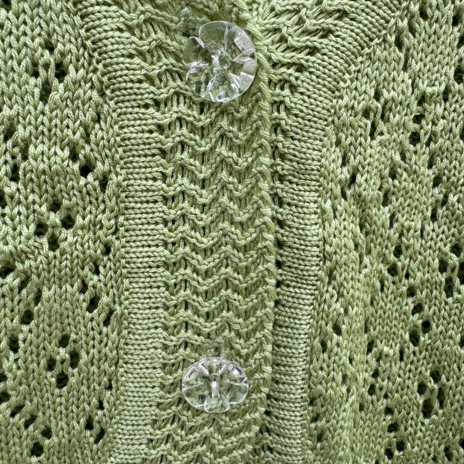 Vintage Sage Green Pointelle Open Knit Cardigan V-Neck Button Shrug Cottage Boho