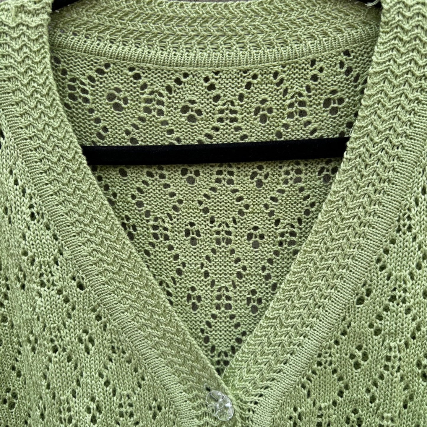 Vintage Sage Green Pointelle Open Knit Cardigan V-Neck Button Shrug Cottage Boho