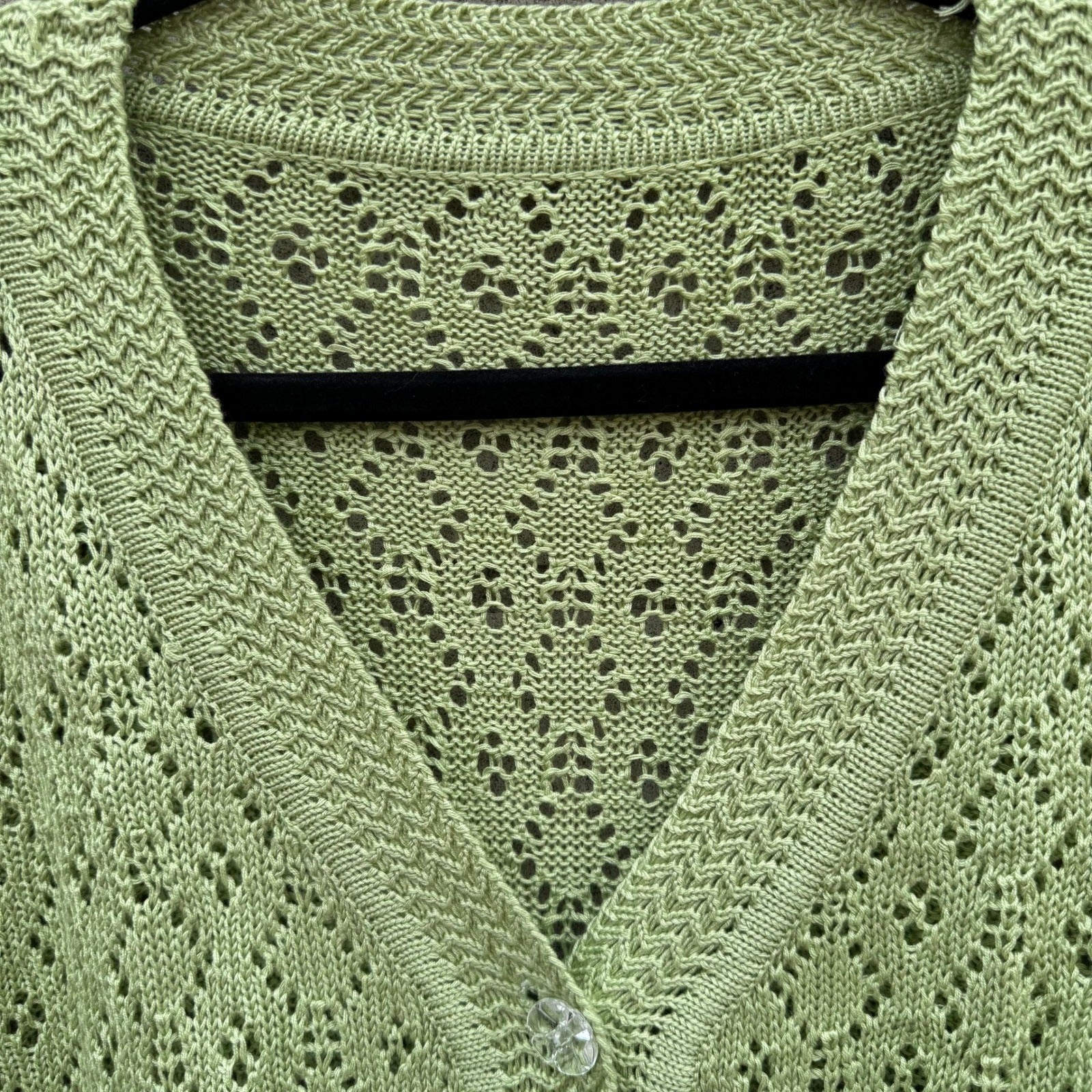 Vintage Sage Green Pointelle Open Knit Cardigan V-Neck Button Shrug Cottage Boho