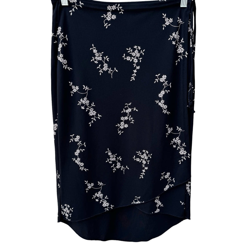 Rebound LA Y2K Black Floral Wrap Midi Skirt Medium Made USA Tulip Hem Side Tie