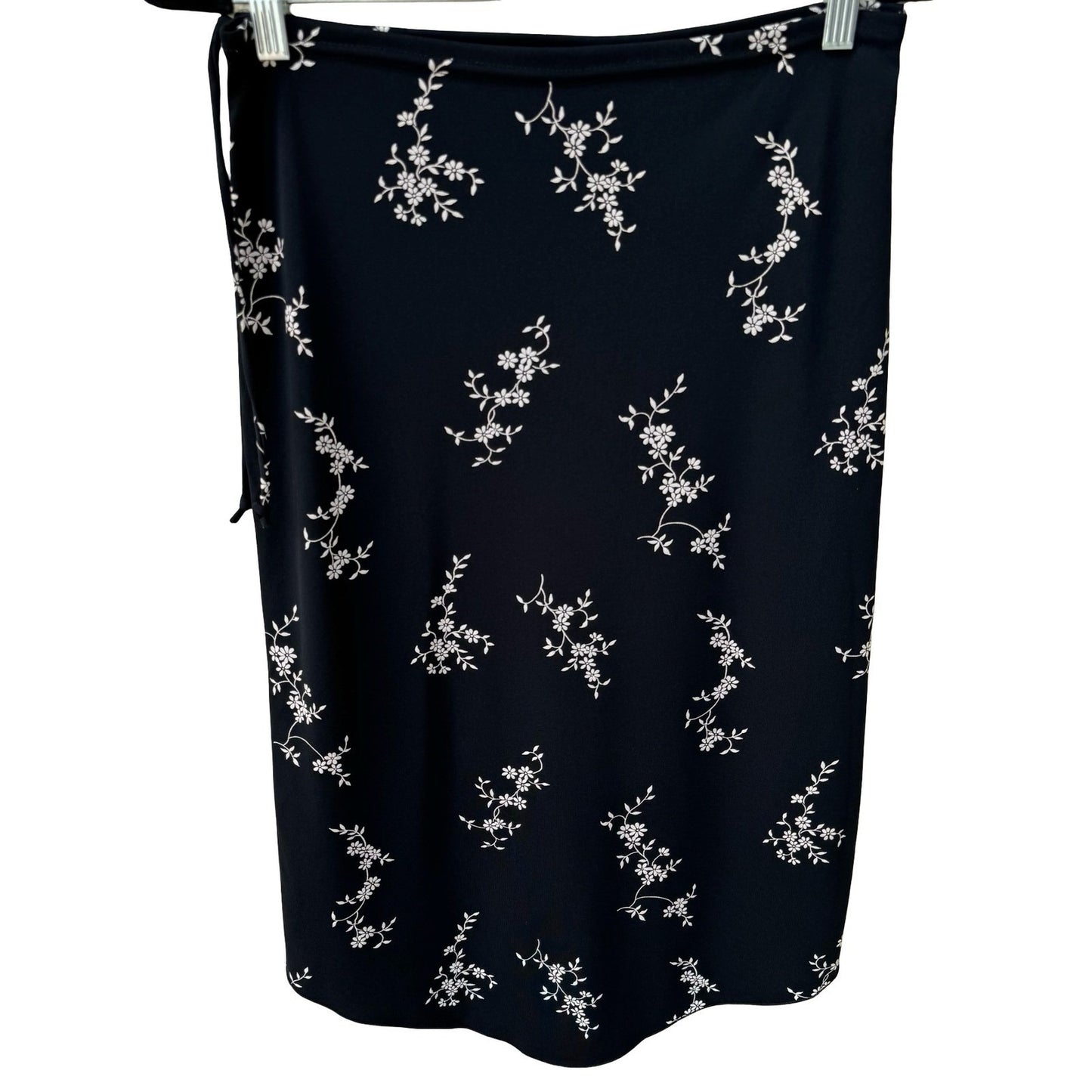 Rebound LA Y2K Black Floral Wrap Midi Skirt Medium Made USA Tulip Hem Side Tie