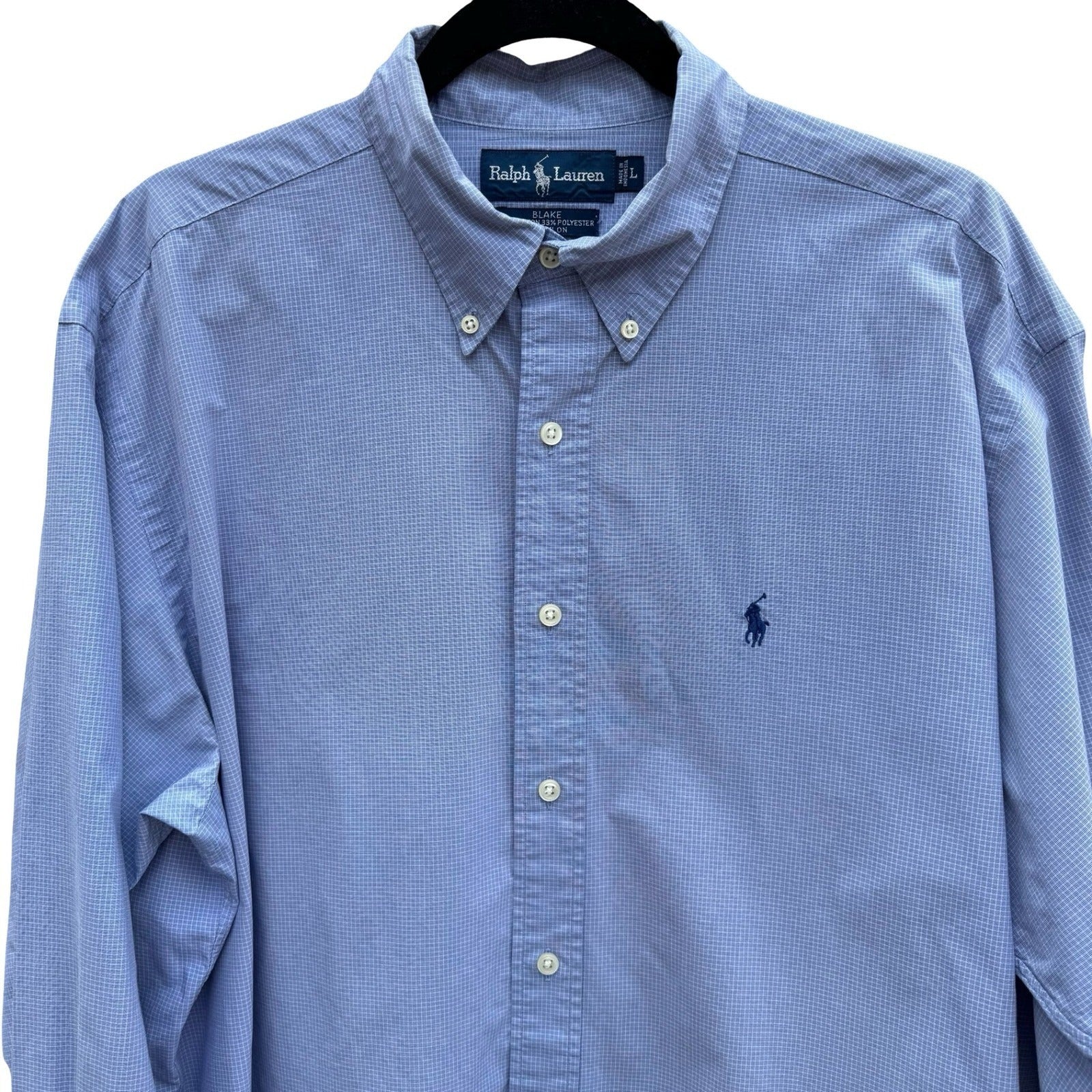 Ralph Lauren Vintage Blake Mens L Blue Micro Grid Button Down Shirt Long Sleeve