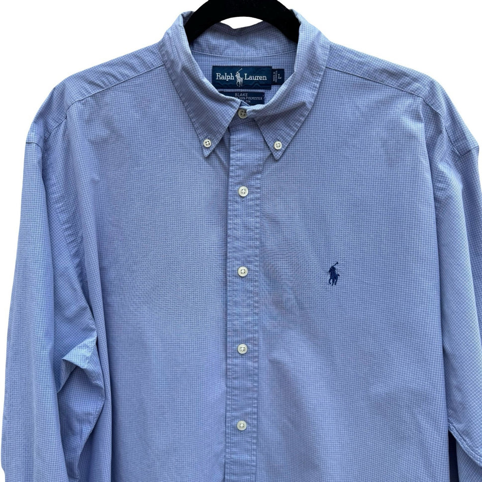 Ralph Lauren Vintage Blake Mens L Blue Micro Grid Button Down Shirt Long Sleeve
