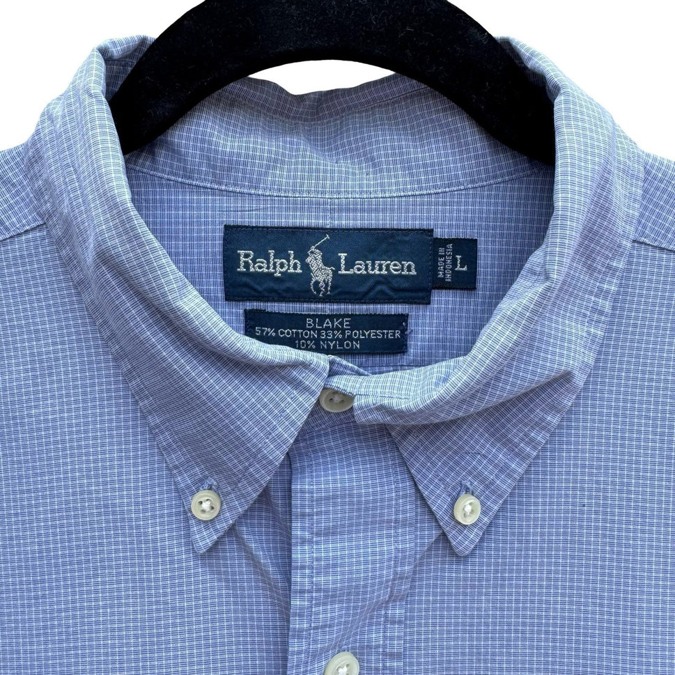 Ralph Lauren Vintage Blake Mens L Blue Micro Grid Button Down Shirt Long Sleeve