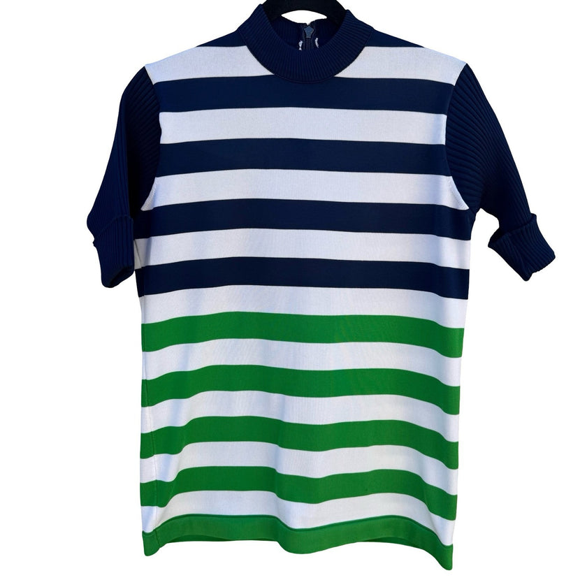 Vintage 70s Mock Neck Striped Knit Top Navy Green White Short Sleeve Talon Zip