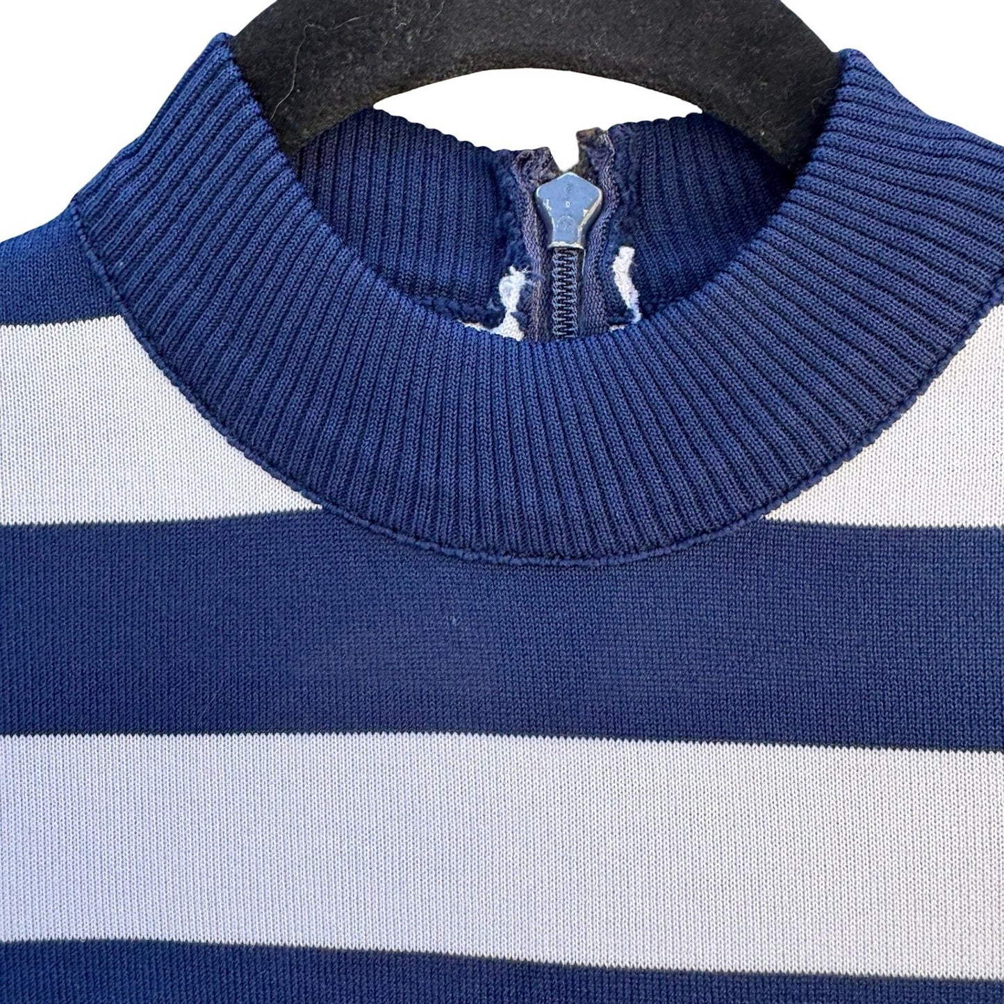 Vintage 70s Mock Neck Striped Knit Top Navy Green White Short Sleeve Talon Zip