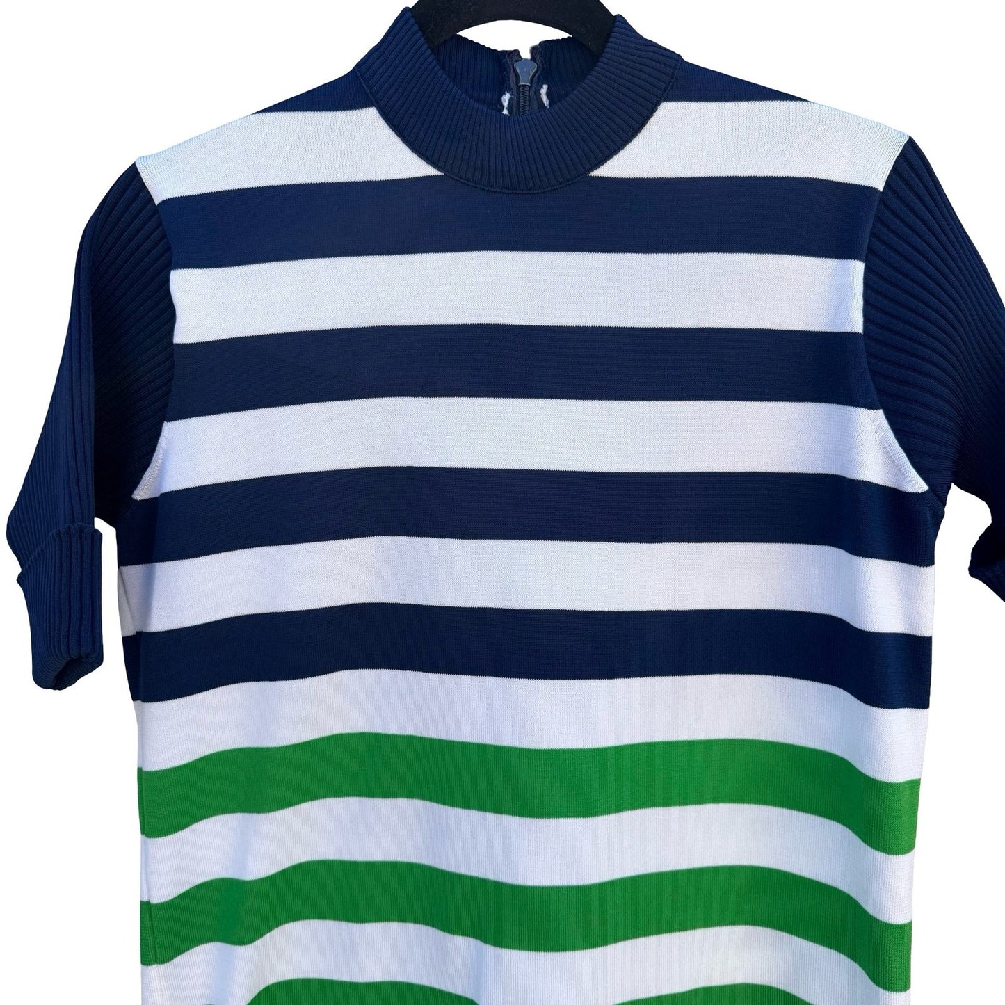 Vintage 70s Mock Neck Striped Knit Top Navy Green White Short Sleeve Talon Zip