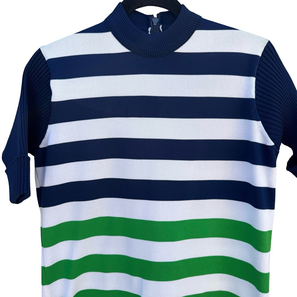 Vintage 70s Mock Neck Striped Knit Top Navy Green White Short Sleeve Talon Zip