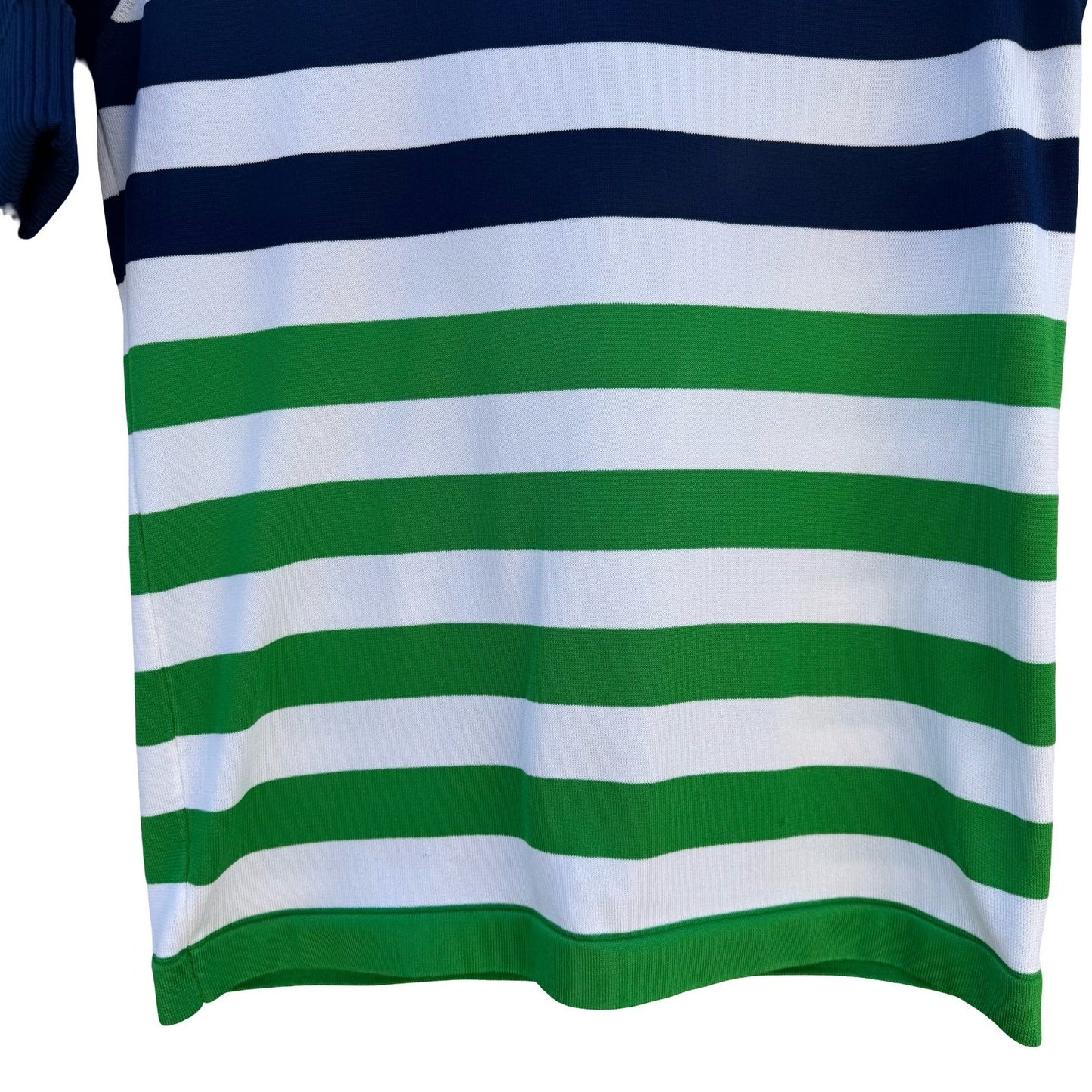 Vintage 70s Mock Neck Striped Knit Top Navy Green White Short Sleeve Talon Zip