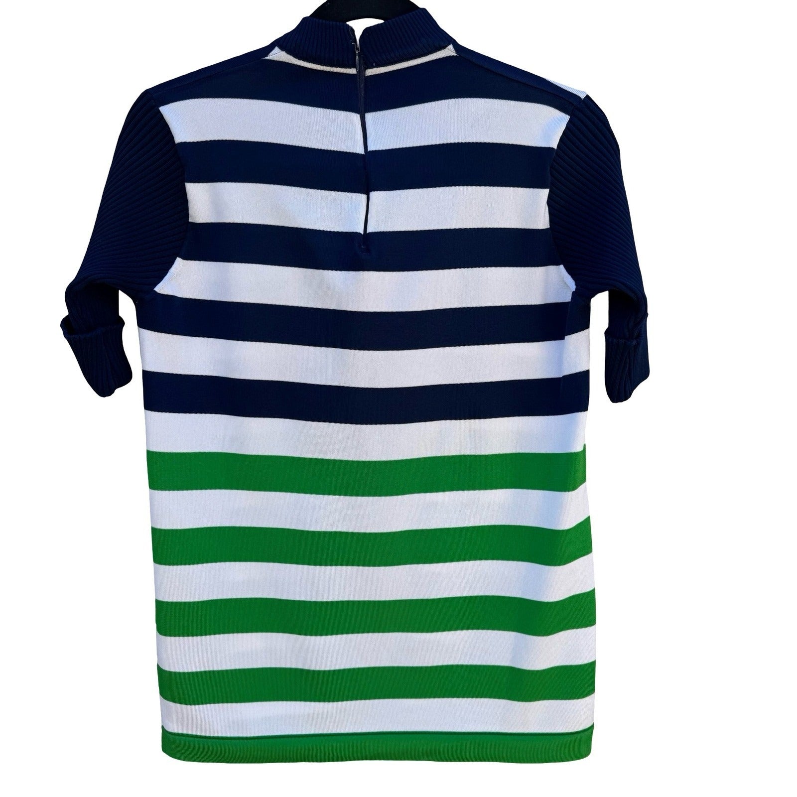Vintage 70s Mock Neck Striped Knit Top Navy Green White Short Sleeve Talon Zip