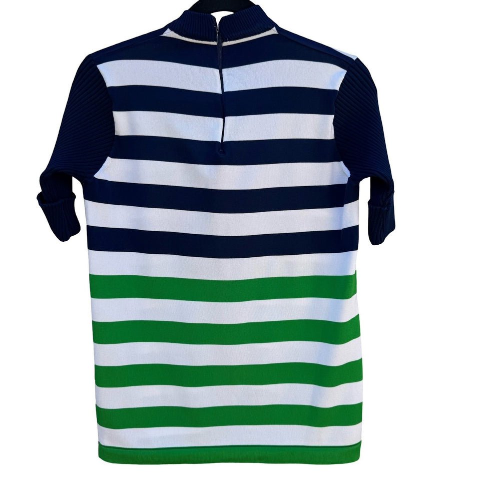 Vintage 70s Mock Neck Striped Knit Top Navy Green White Short Sleeve Talon Zip