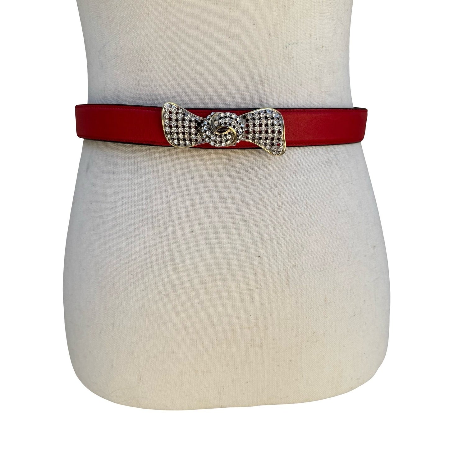 Alan Austin Vintage Red Italian Leather Belt Rhinestone Bow Buckle Made in Italy