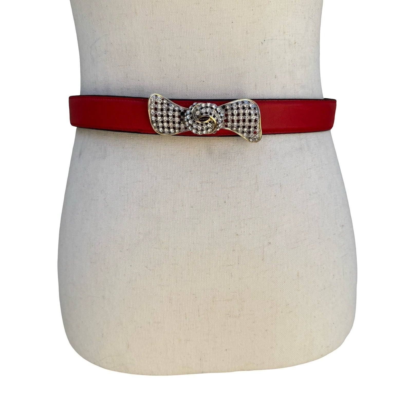 Alan Austin Vintage Red Italian Leather Belt Rhinestone Bow Buckle Made in Italy