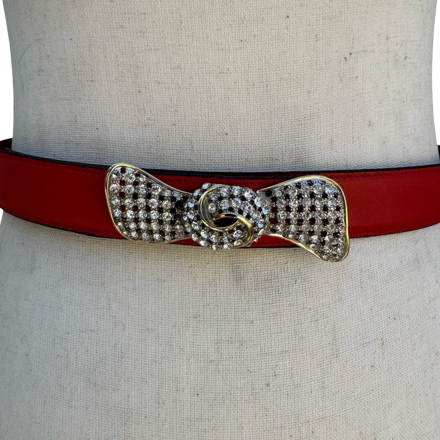 Alan Austin Vintage Red Italian Leather Belt Rhinestone Bow Buckle Made in Italy