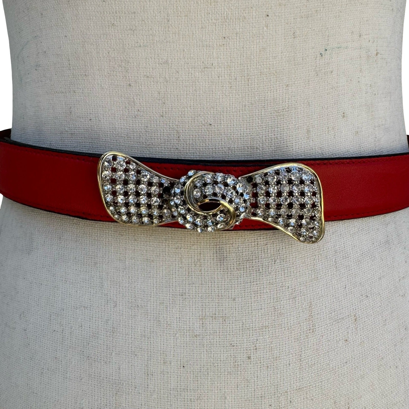 Alan Austin Vintage Red Italian Leather Belt Rhinestone Bow Buckle Made in Italy