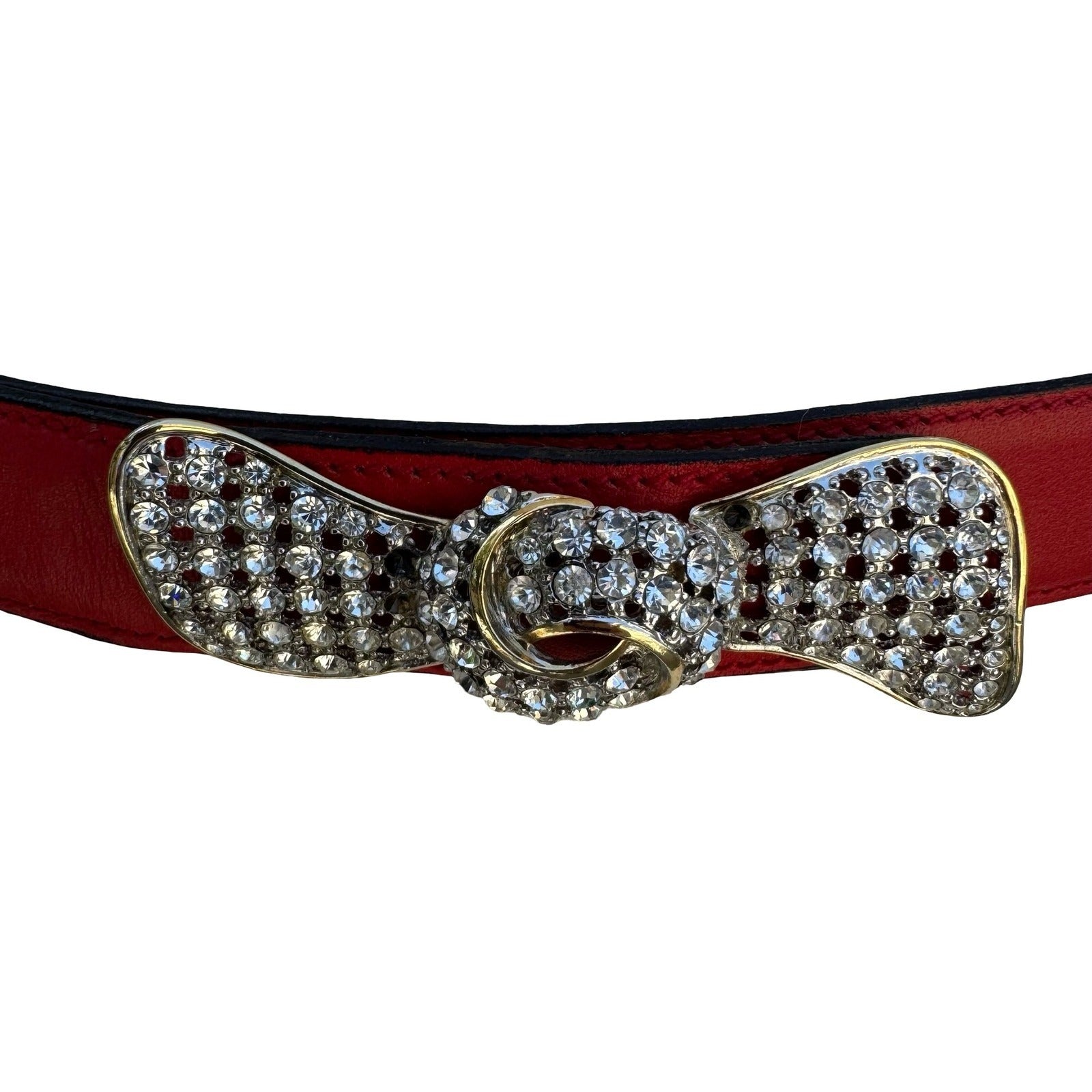 Alan Austin Vintage Red Italian Leather Belt Rhinestone Bow Buckle Made in Italy