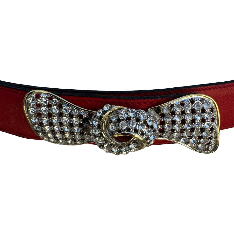 Alan Austin Vintage Red Italian Leather Belt Rhinestone Bow Buckle Made in Italy