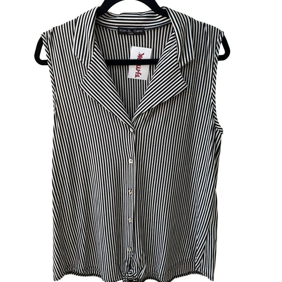 Kim & Cami Minimalist Preppy Nautical Mod Striped Tie Front Sleeveless Top L NEW