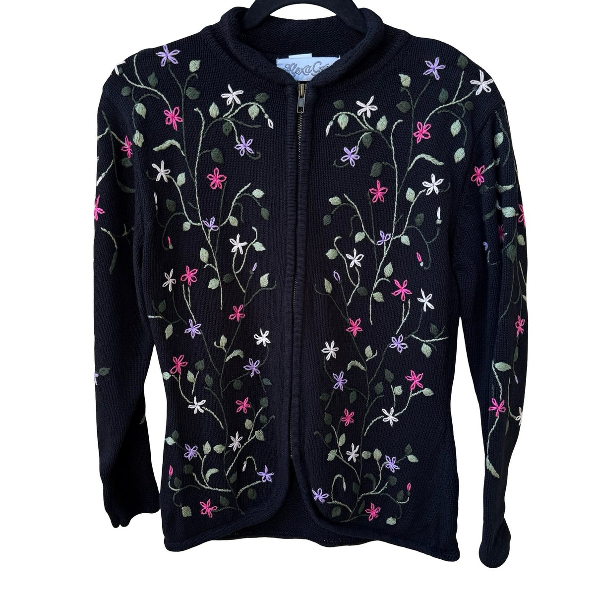 Alexa Grace Vintage Cottagecore Dark Floral Embroidered Zip Cardigan Sweater S