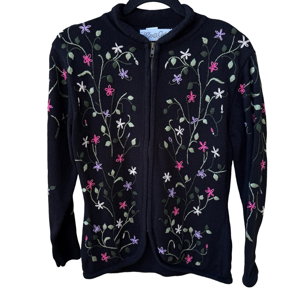 Alexa Grace Vintage Cottagecore Dark Floral Embroidered Zip Cardigan Sweater S