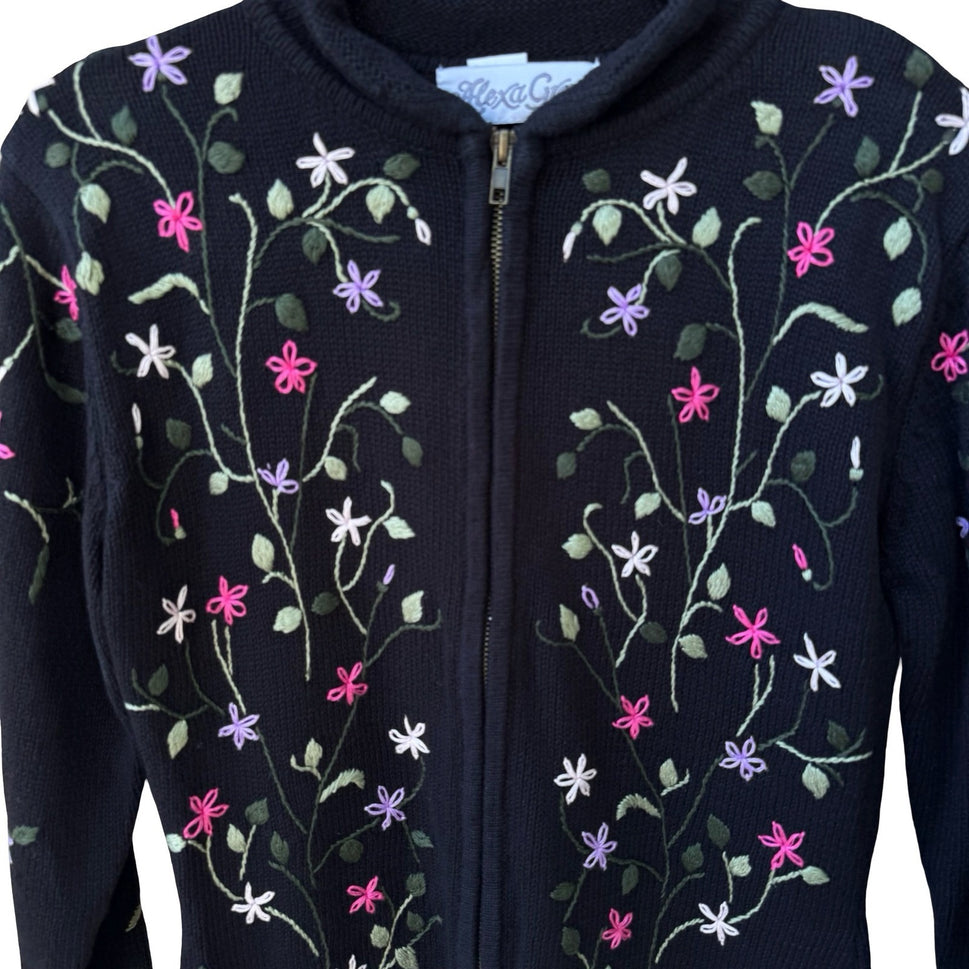Alexa Grace Vintage Cottagecore Dark Floral Embroidered Zip Cardigan Sweater S