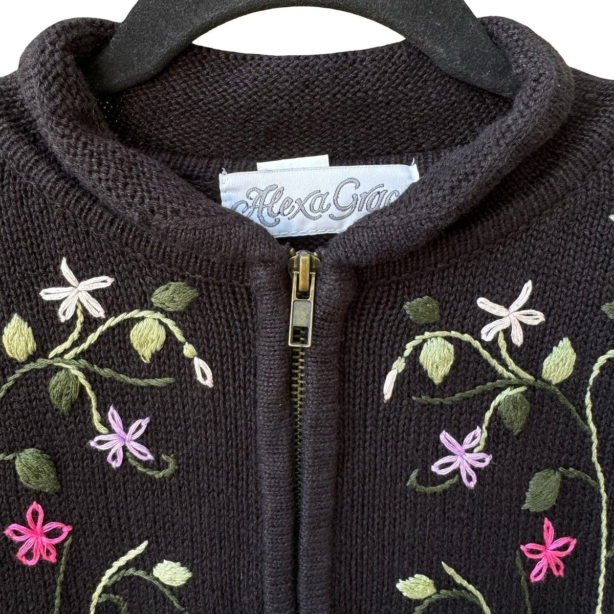 Alexa Grace Vintage Cottagecore Dark Floral Embroidered Zip Cardigan Sweater S