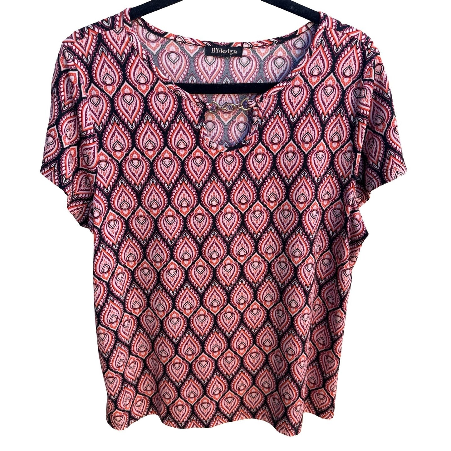 BYdesign Boho Mod Hippie Retro Geometric Paisley Keyhole Chain Neck Blouse XL