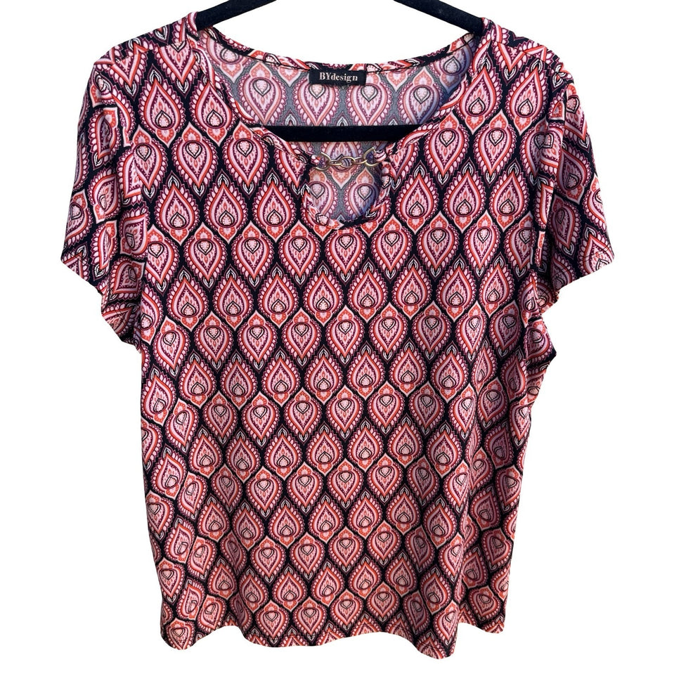 BYdesign Boho Mod Hippie Retro Geometric Paisley Keyhole Chain Neck Blouse XL