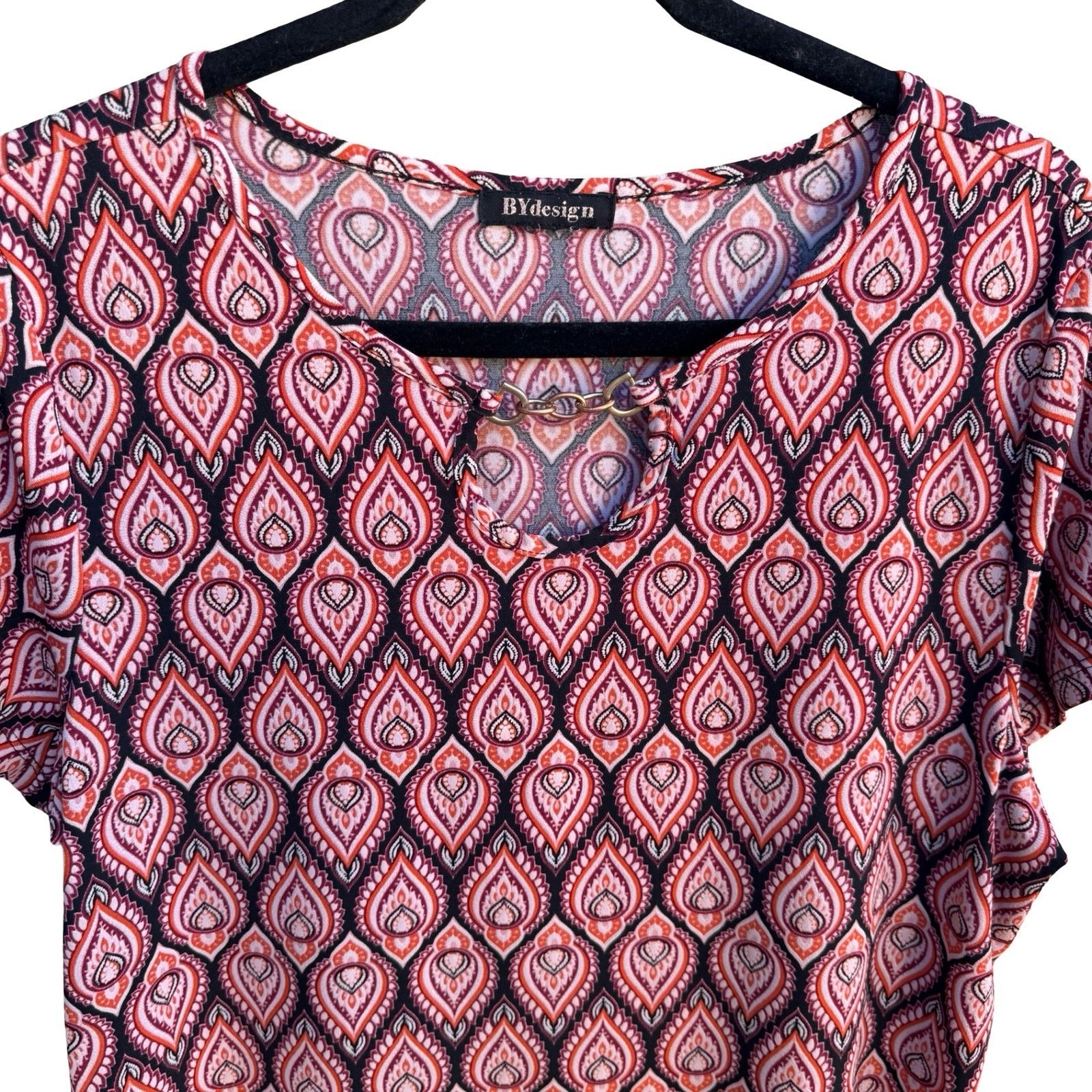 BYdesign Boho Mod Hippie Retro Geometric Paisley Keyhole Chain Neck Blouse XL