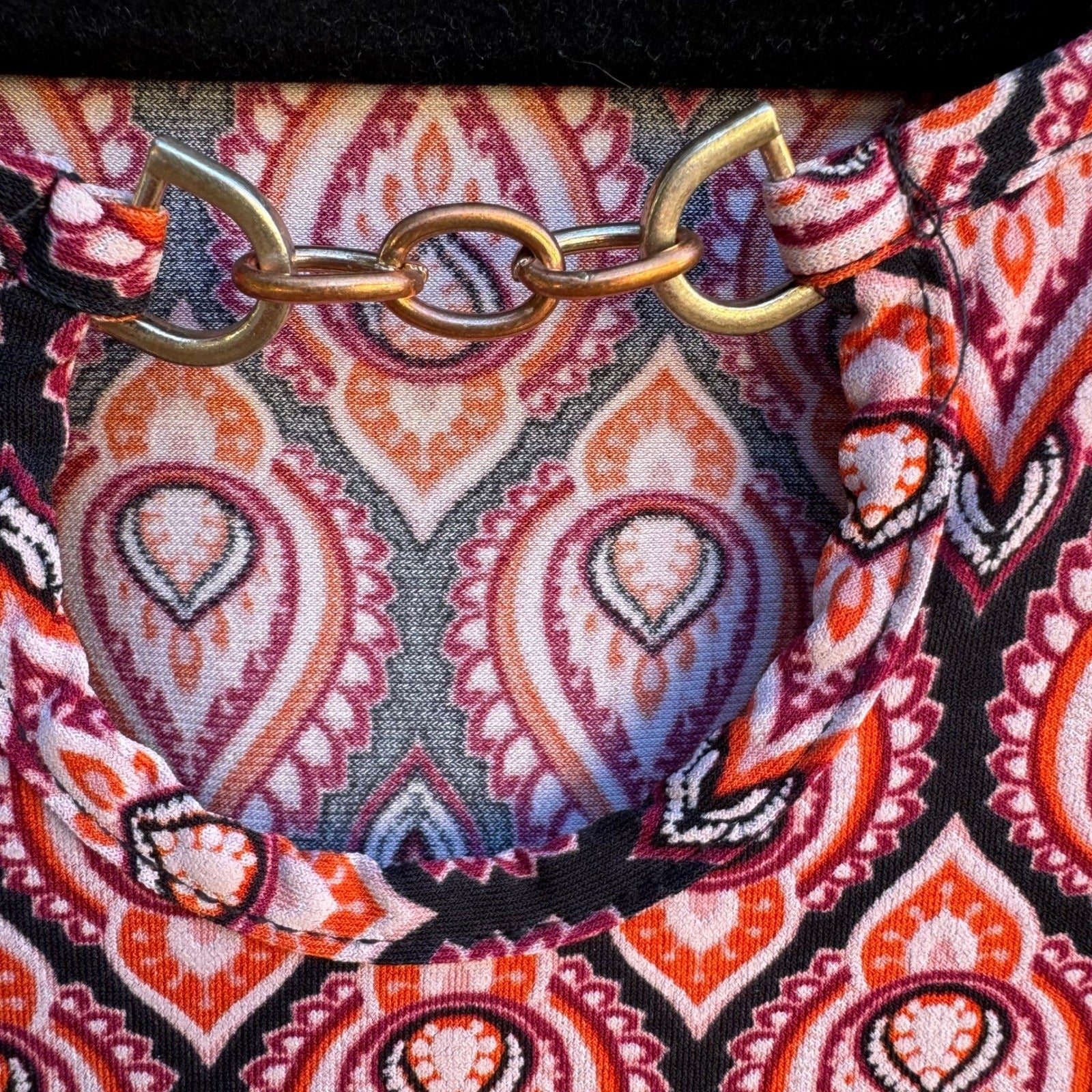 BYdesign Boho Mod Hippie Retro Geometric Paisley Keyhole Chain Neck Blouse XL