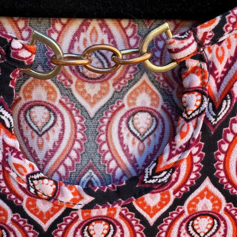 BYdesign Boho Mod Hippie Retro Geometric Paisley Keyhole Chain Neck Blouse XL