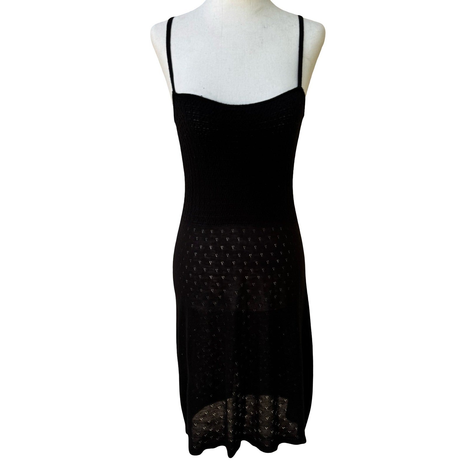 Collection Eighteen Y2K Coquette Pointelle Knit Semi Sheer Midi Dress Black S/M