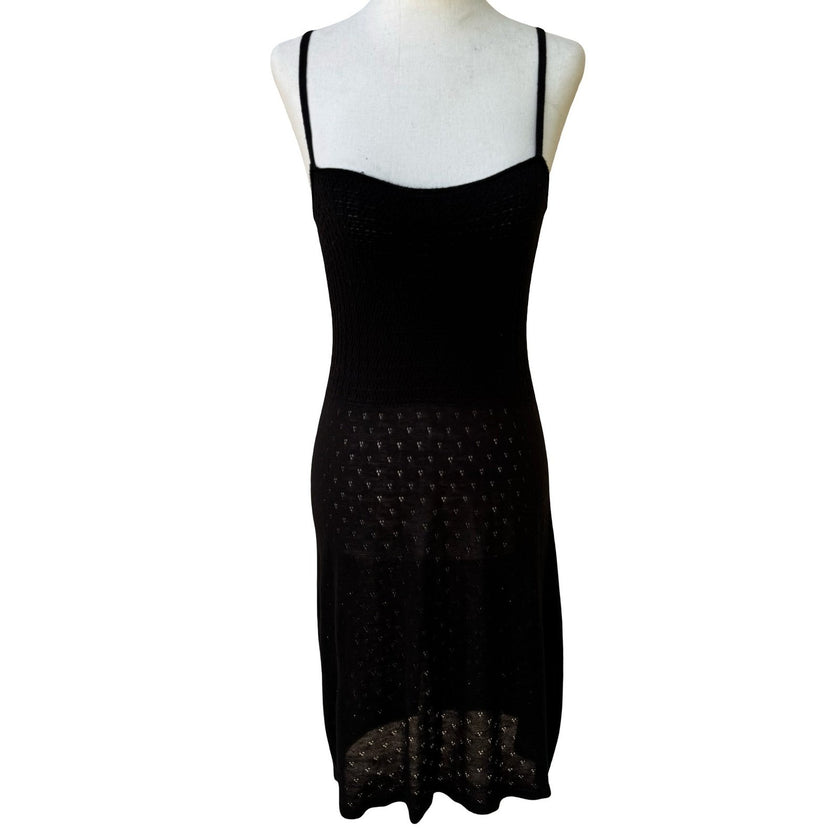 Collection Eighteen Y2K Coquette Pointelle Knit Semi Sheer Midi Dress Black S/M