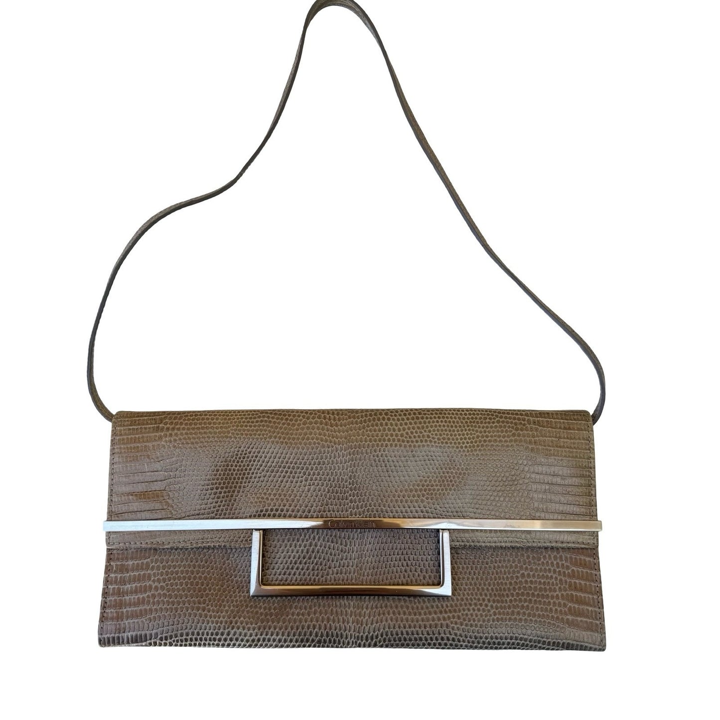 Calvin Klein Vintage Y2K Lizard Embossed Minimalist Leather Shoulder Bag Clutch