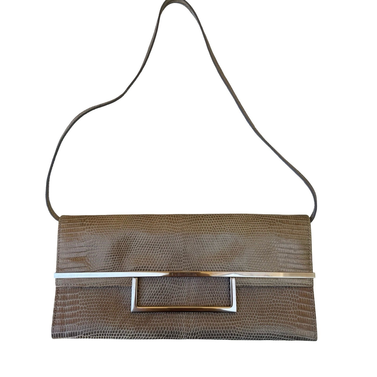 Calvin Klein Vintage Y2K Lizard Embossed Minimalist Leather Shoulder Bag Clutch