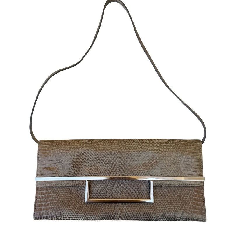 Calvin Klein Vintage Y2K Lizard Embossed Minimalist Leather Shoulder Bag Clutch