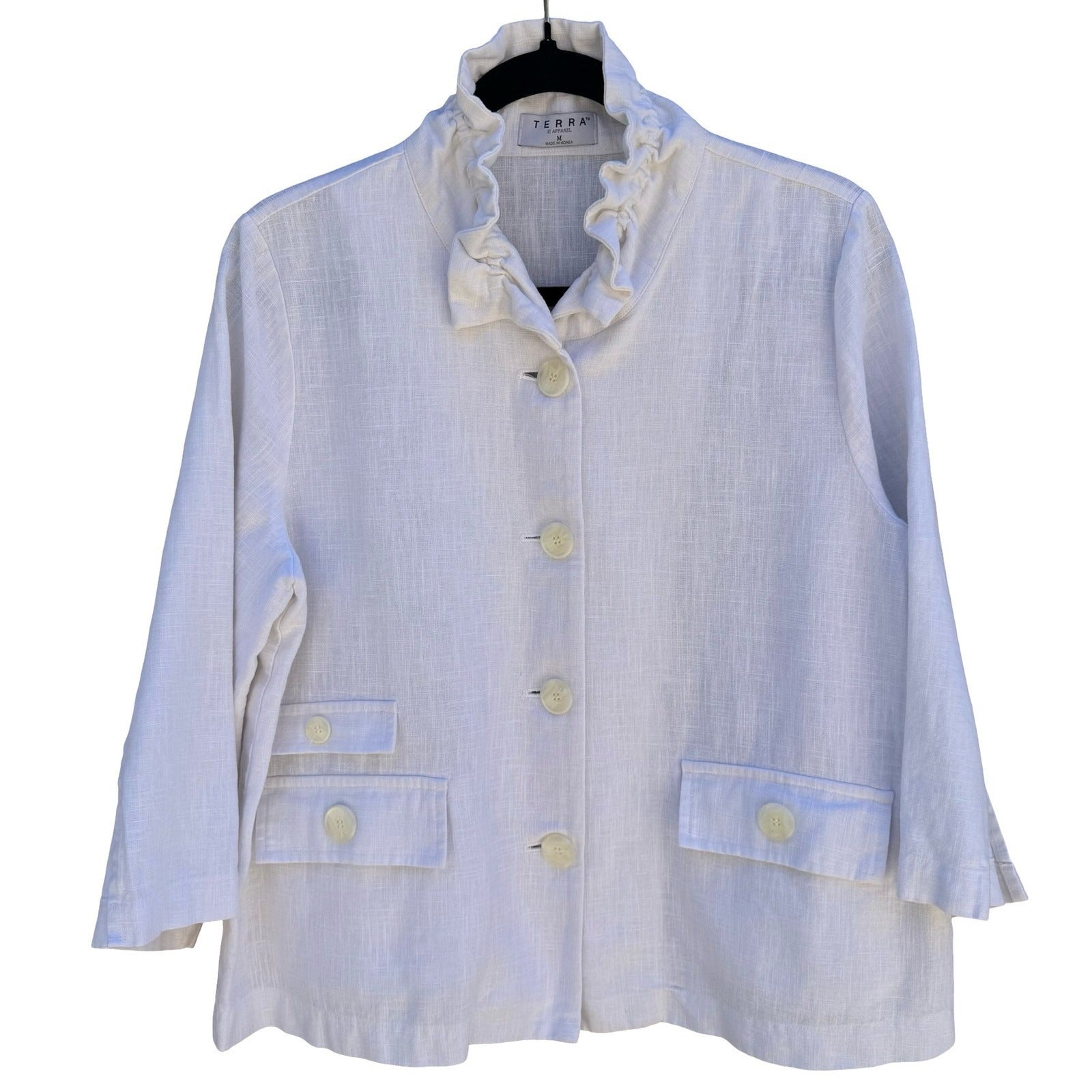Terra SJ Apparel Linen Ruffle Collar Blazer Jacket Womens M Coastal Lagenlook
