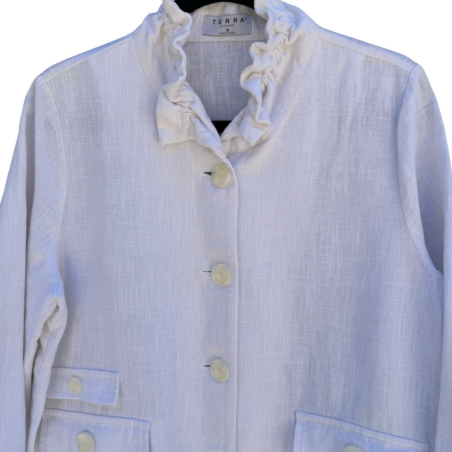 Terra SJ Apparel Linen Ruffle Collar Blazer Jacket Womens M Coastal Lagenlook