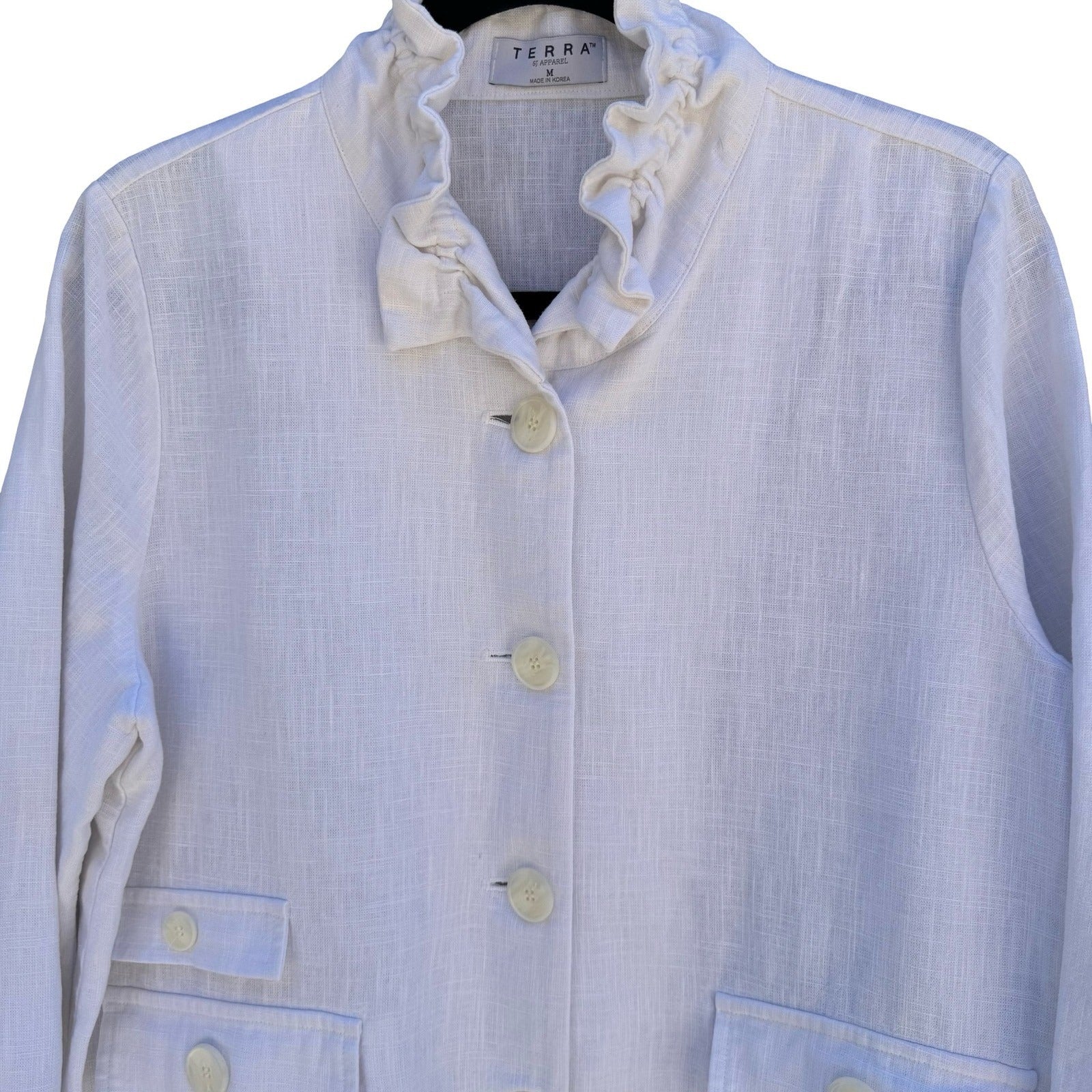 Terra SJ Apparel Linen Ruffle Collar Blazer Jacket Womens M Coastal Lagenlook