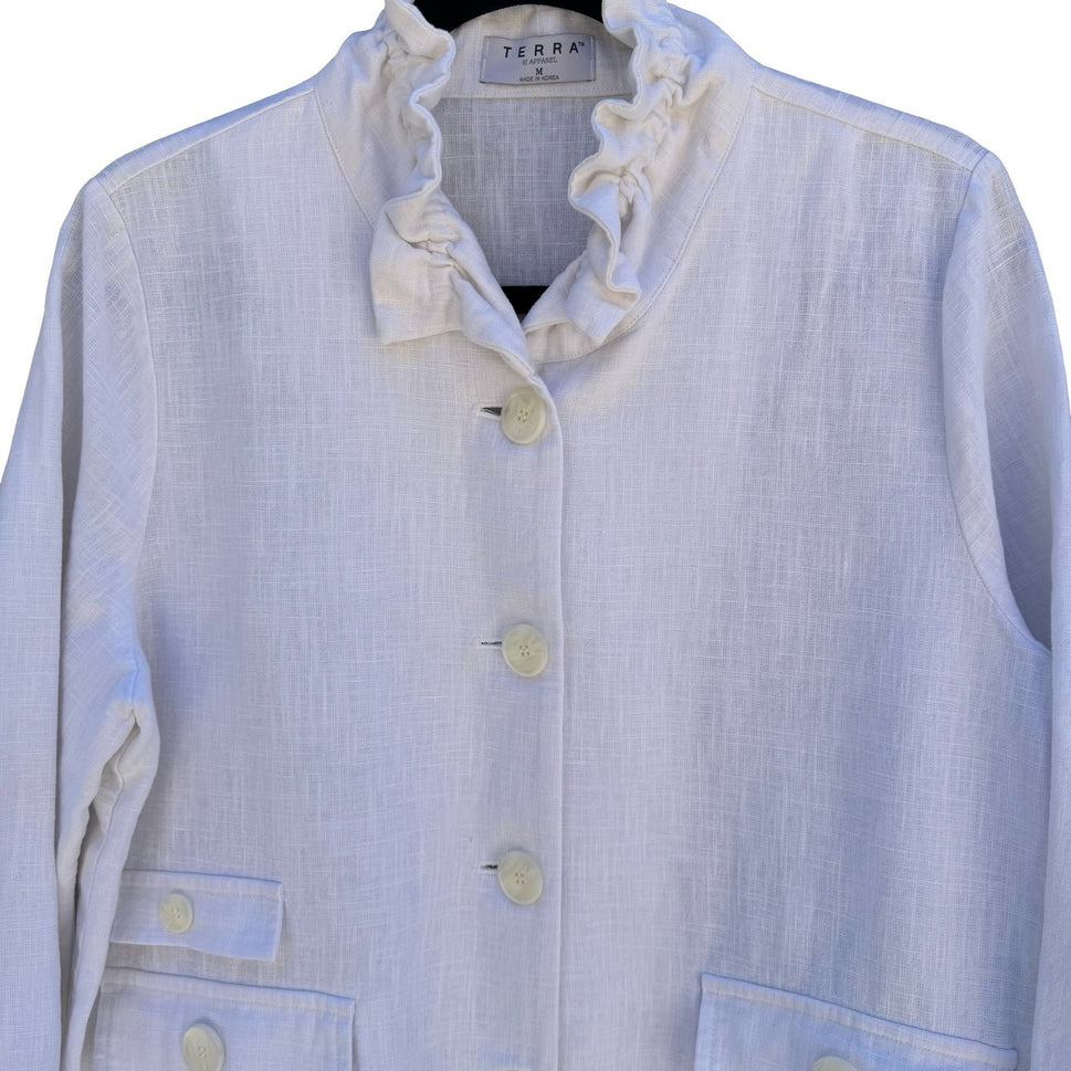 Terra SJ Apparel Linen Ruffle Collar Blazer Jacket Womens M Coastal Lagenlook