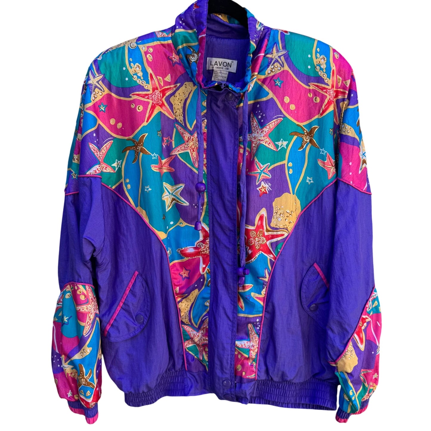 Lavon Vintage 80s Starfish Print High Collar Purple Swishy Windbreaker Jacket S