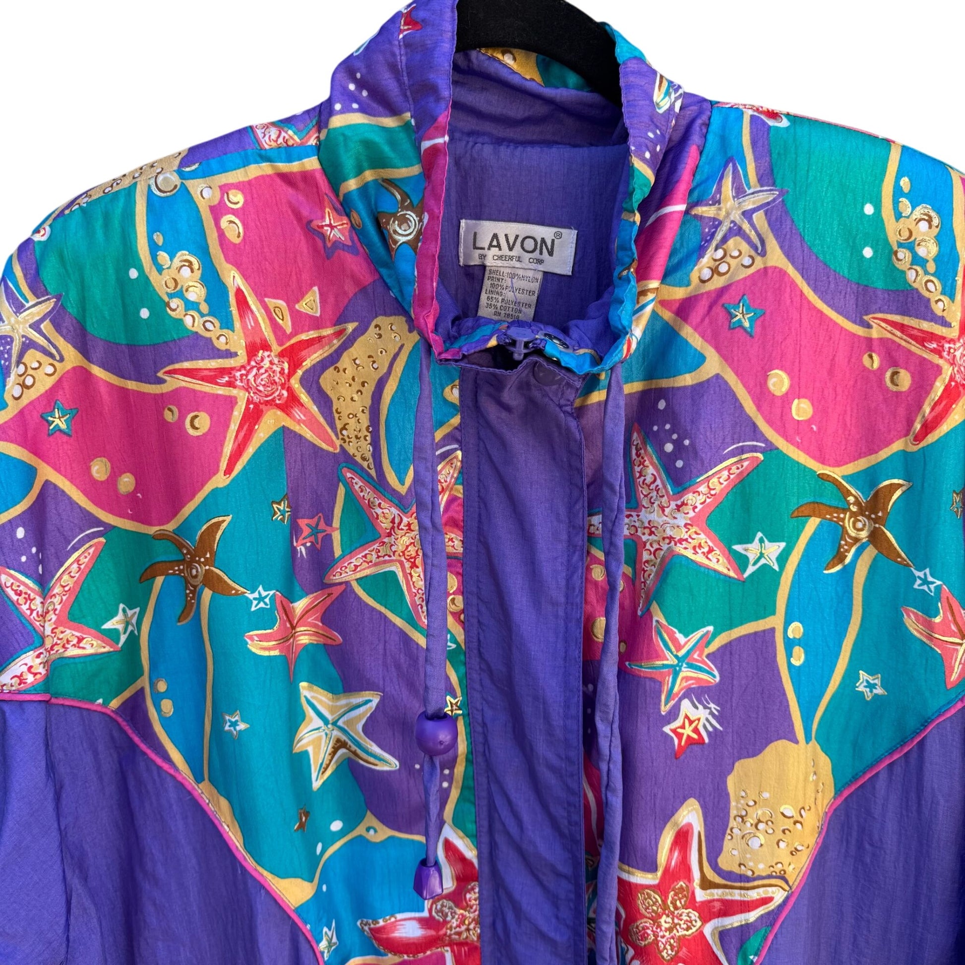 Lavon Vintage 80s Starfish Print High Collar Purple Swishy Windbreaker Jacket S
