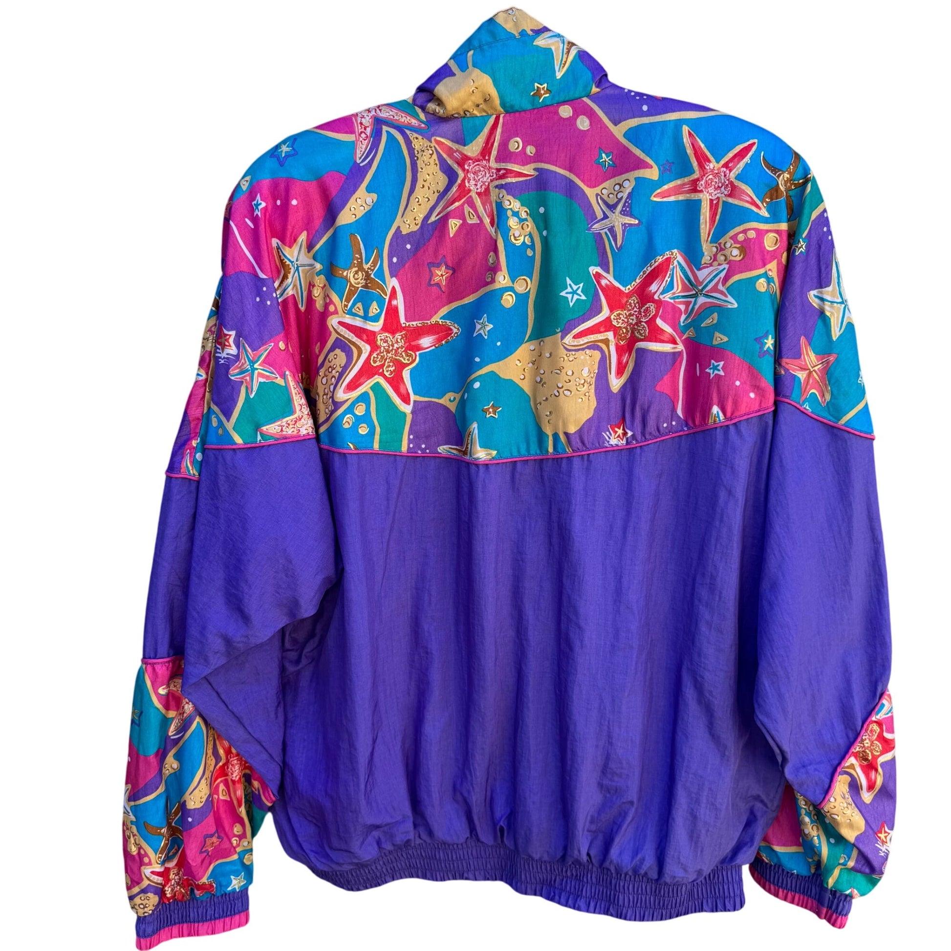 Lavon Vintage 80s Starfish Print High Collar Purple Swishy Windbreaker Jacket S