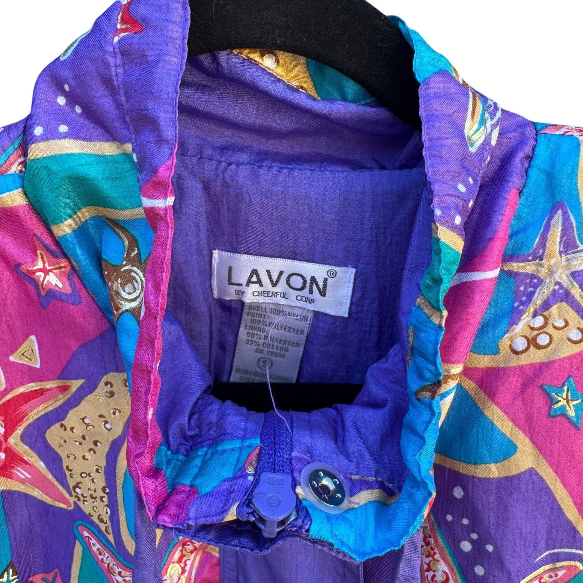 Lavon Vintage 80s Starfish Print High Collar Purple Swishy Windbreaker Jacket S