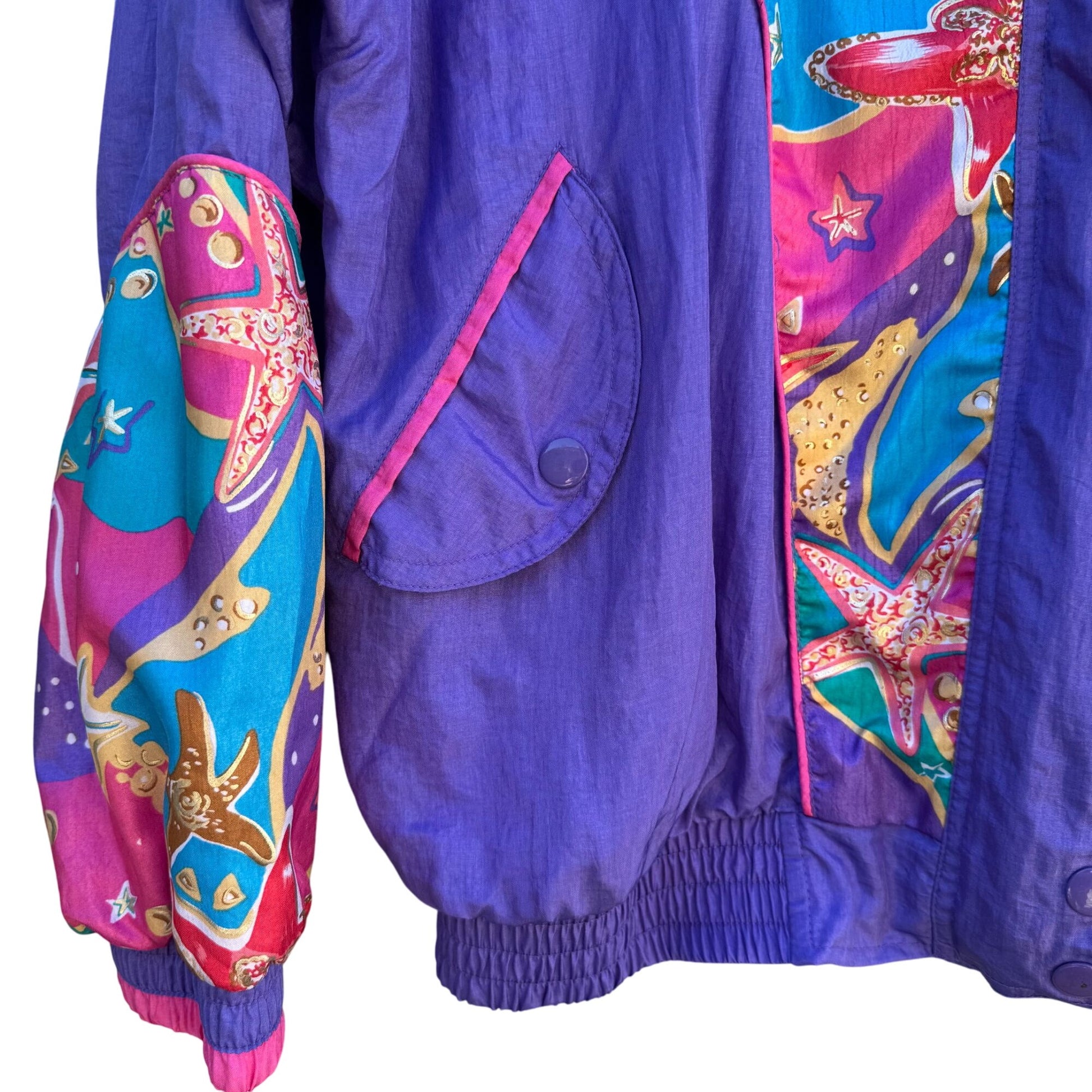 Lavon Vintage 80s Starfish Print High Collar Purple Swishy Windbreaker Jacket S