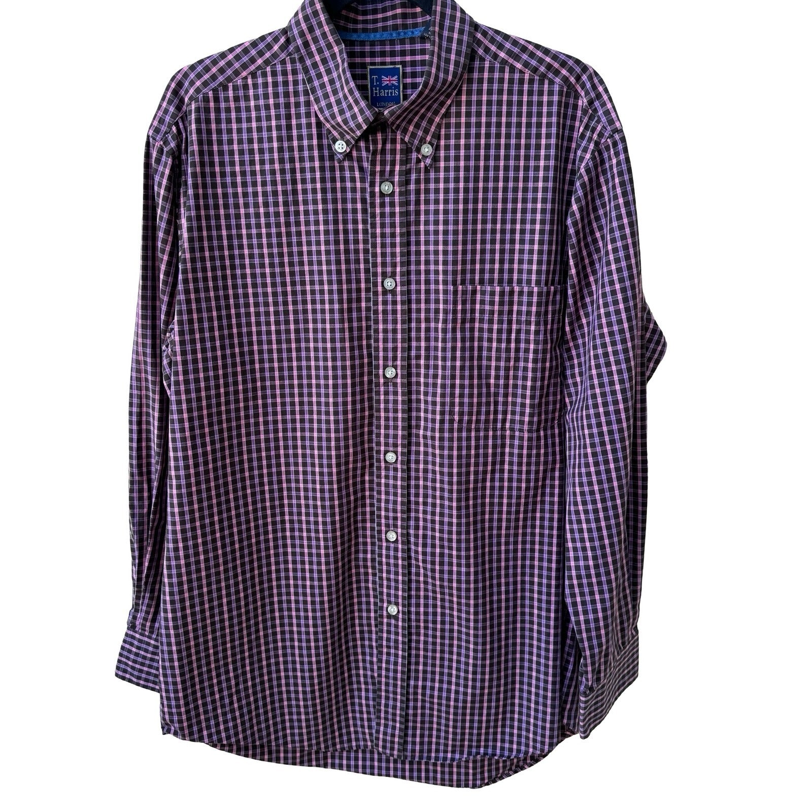 T Harris London Preppy Plaid Gingham Professional Cotton Career Shirt Mens L