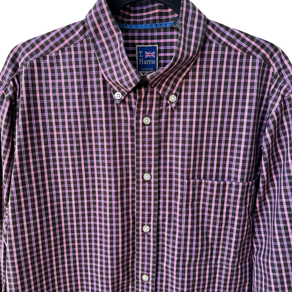 T Harris London Preppy Plaid Gingham Professional Cotton Career Shirt Mens L