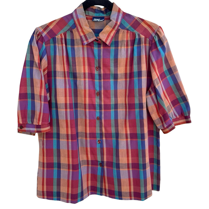 Koret City Blues Vintage 80s 90s Rainbow Plaid Blouse Retro Grandmacore Teacher
