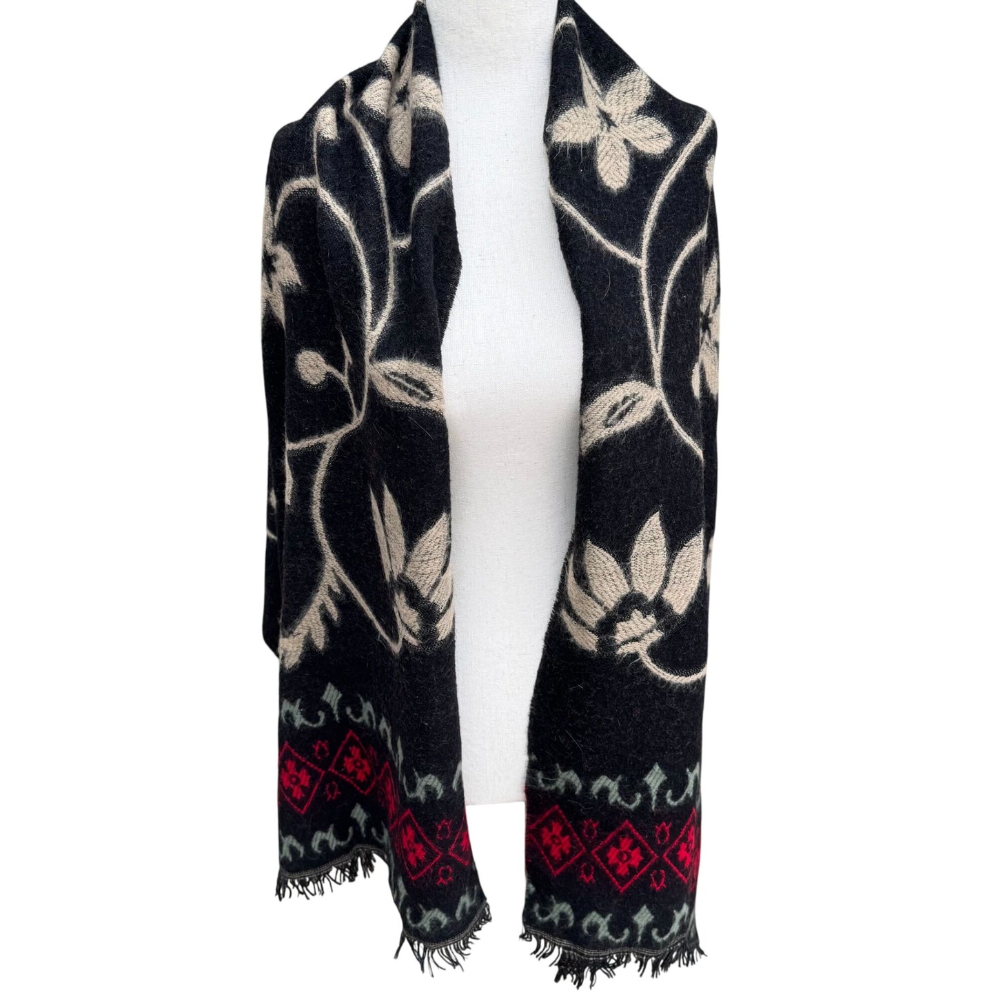 Vintage Floral Wool Blend Black Wrap Scarf Shawl Red Diamond Border Fringe Boho